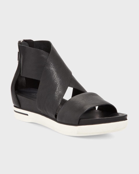 Sport Wide-Strap Leather Sandals, Black