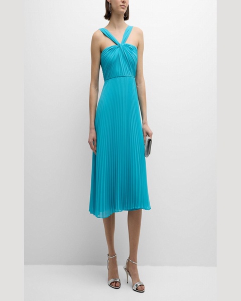 Joanna Pleated Twist-Front Halter Midi Dress