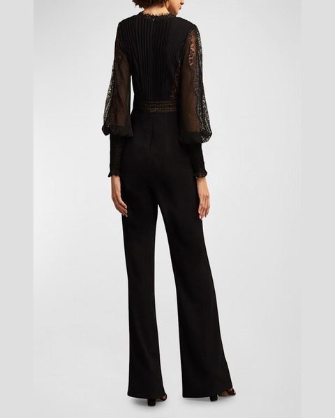 Pleated Lace-Inset Crepe Jumpsuit