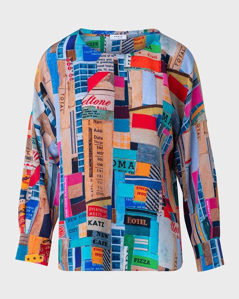 Crepe De Chine NYC Paper Collage Print Blouse