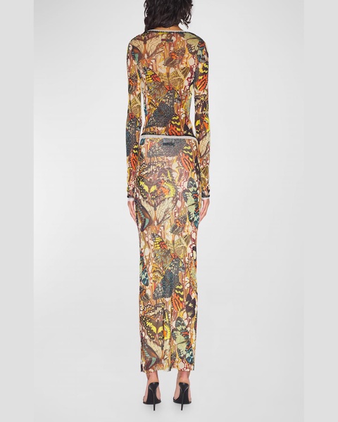 Papillon Butterfly-Print Mesh Maxi Skirt