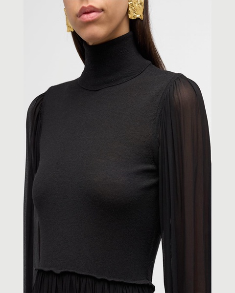 Liana Sheer-Sleeve Wool and Silk Combo Turtleneck Top