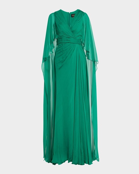 V-Neck Cape-Sleeves Chiffon Gown