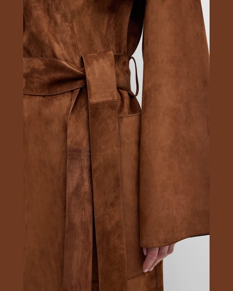 Belted Suede Leather Long Wrap Coat