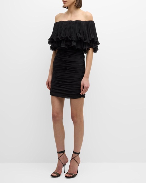 Milan Ruched Off-Shoulder Ruffle Mini Dress