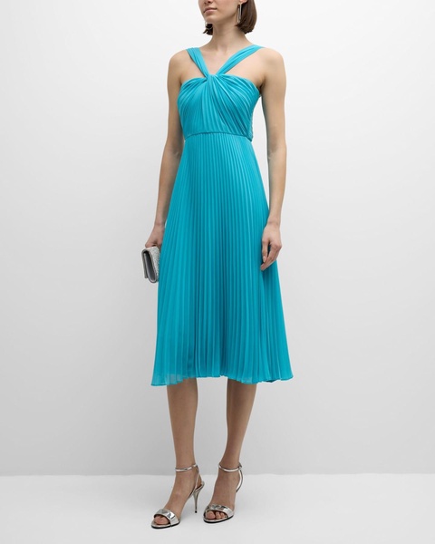 Joanna Pleated Twist-Front Halter Midi Dress