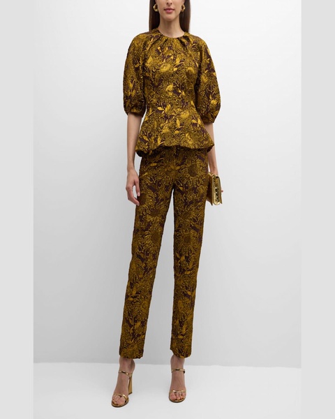 Demi Metallic Floral Brocade Straight-Leg Ankle Pants