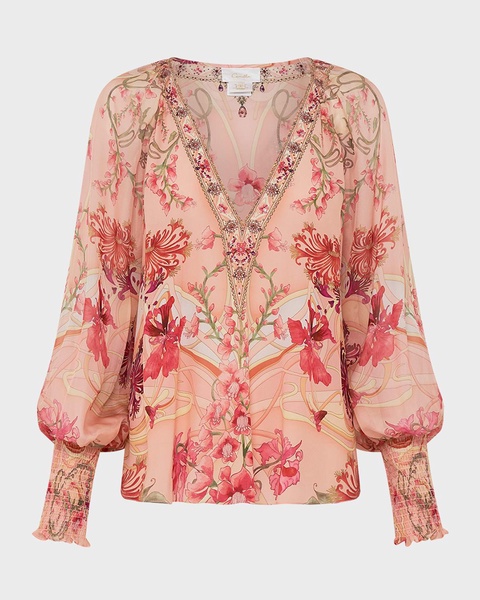 Shirred-Cuff Floral Silk Blouse