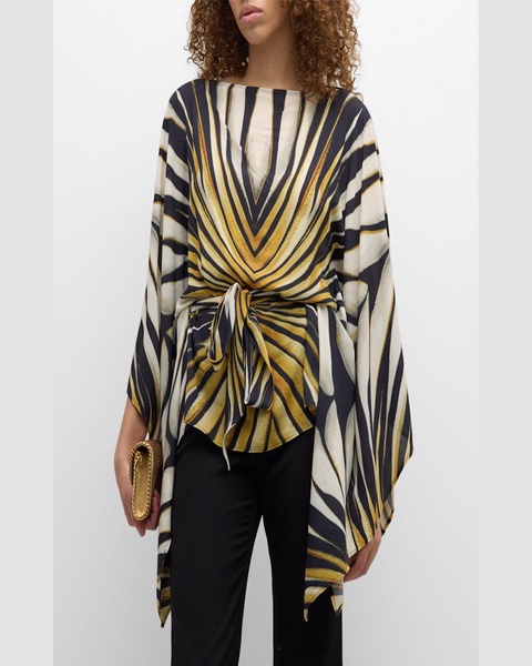 Printed Boat-Neck Belted Caftan Top 