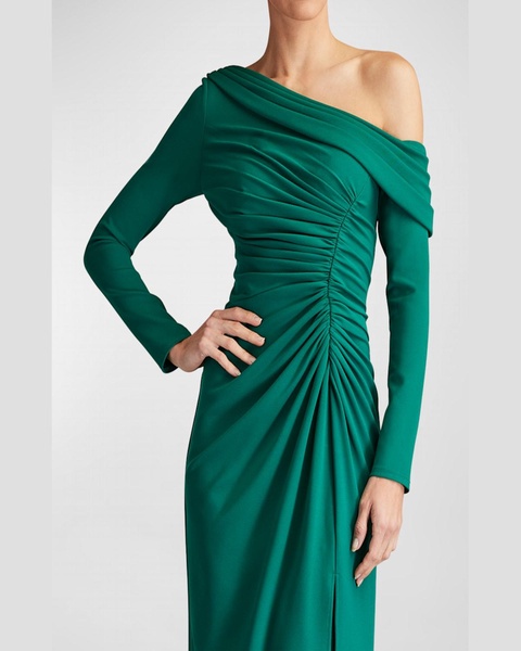 Ruched One-Shoulder Crepe Midi Dress