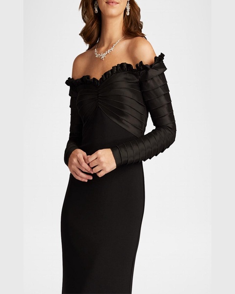 Off-Shoulder Pleated Taffeta and Crepe Gown