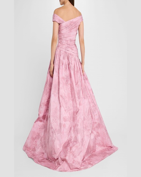 Off-The-Shoulder Floral Taffeta Asymmetrical Gown