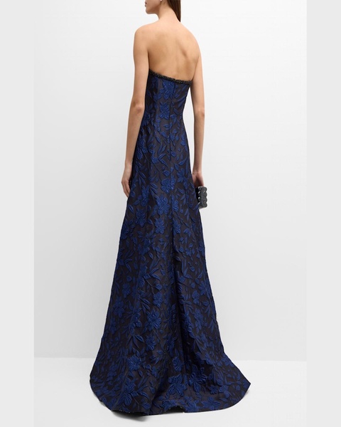 Blue Jacquard Gown with Embroidered Detail 