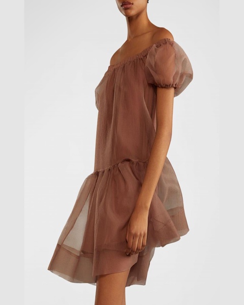 Off-Shoulder Puff-Sleeve Organza Midi Dress