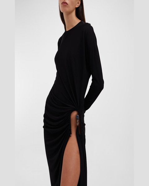 Helix Crystal Stone Slit Long-Sleeve Gown