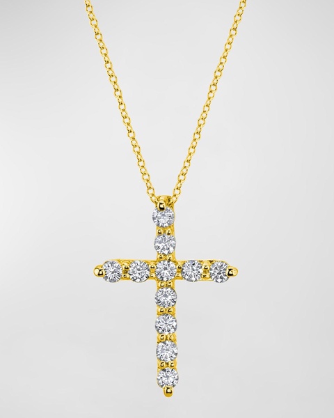 18K Gold 11-Stone Shared Prong Round Diamond Cross 16" Necklace, 1.50tcw