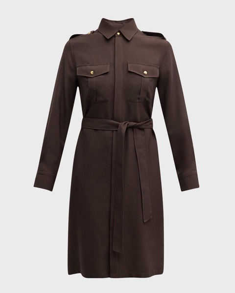 Marcia Long-Sleeve Belted Wool Shirtdress