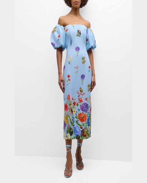 Karene Floral Crepe Puff-Sleeve Midi Dress