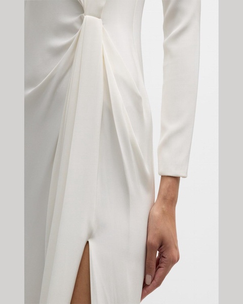 Pleated Drape Slit-Hem Long-Sleeve Silk Crepe Maxi Dress