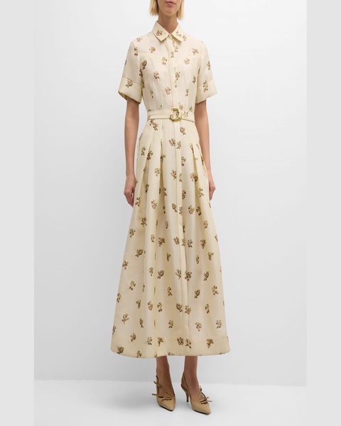 Leighton Floral Short-Sleeve Belted Maxi Western Shirtdress