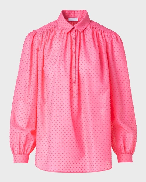 Swiss Dot Techno Crepe Long-Sleeve Collared Blouse