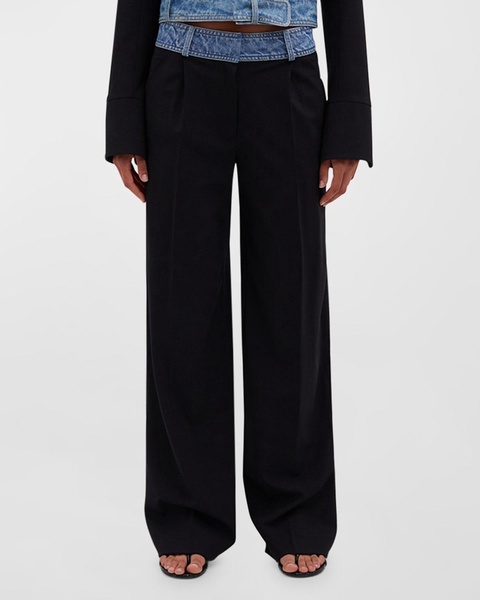 Deconstructed Denim-Waist Wide-Leg Wool Trousers