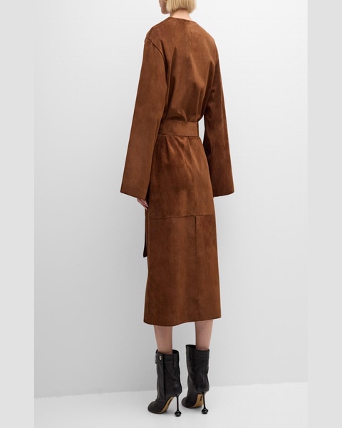 Belted Suede Leather Long Wrap Coat