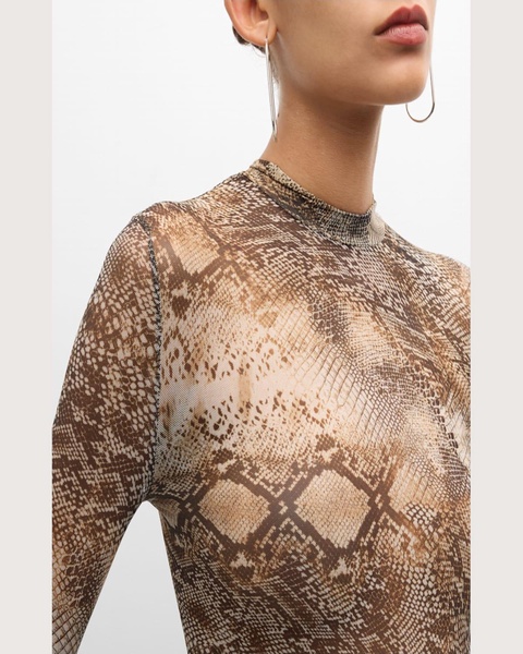 Snakeskin-Print Mesh Mock-Neck Long-Sleeve Bodysuit