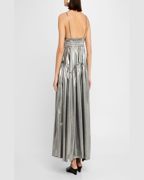 Metallic Gathered Peplum Maxi Camisole Dress