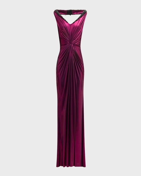 Crystal Open-Back Gunmetal Oil Jersey Knotted Gown