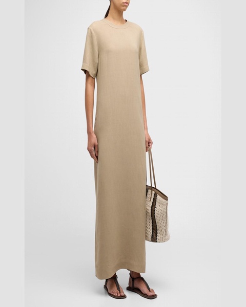 Fluid Linen Twill T-Shirt Dress with Slits and Monili Detail