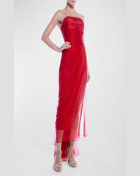 Bryony Strapless Draped Silk Chiffon Slit-Hem Midi Dress