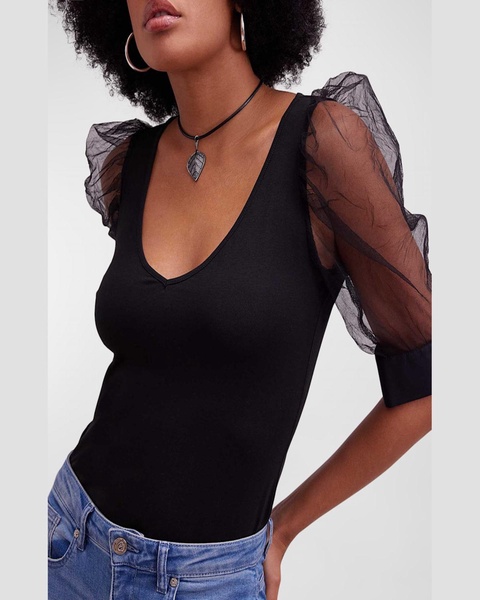 Aerial Sheer Puff-Sleeve V-Neck T-Shirt