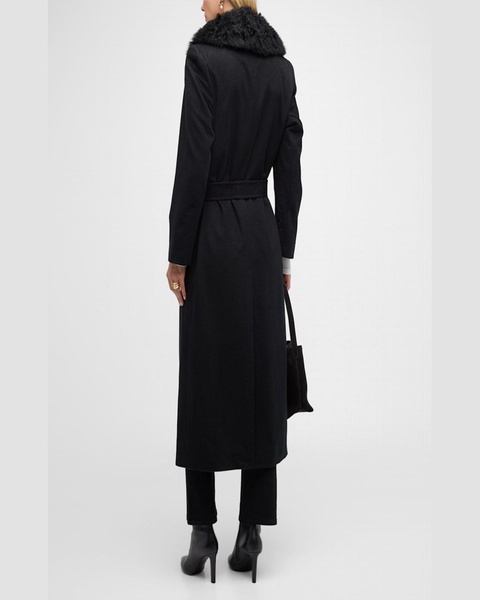 Cashmere-Blend Long Belted Wrap Coat with Shearling Collar