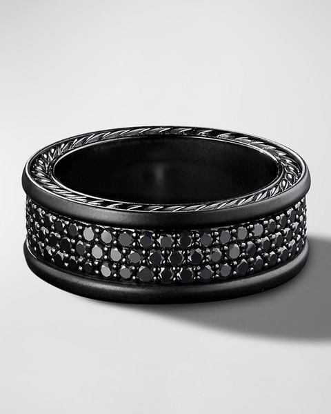 Men's Streamline® Three-Row Band Ring with Black Diamonds in Black Titanium and Silver, 9mm