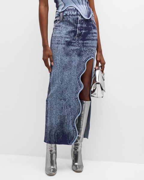 Lily Denim-Print Wavy Slit Midi Skirt