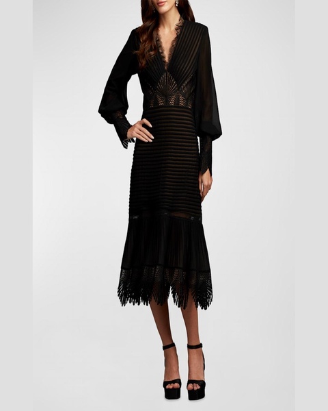 Lace-Inset Pleated Chiffon Midi Dress