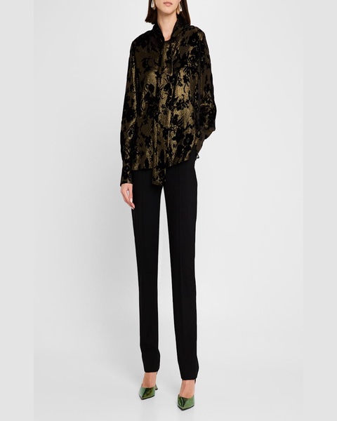 Tie-Neck Metallic Floral Jacquard Blouse