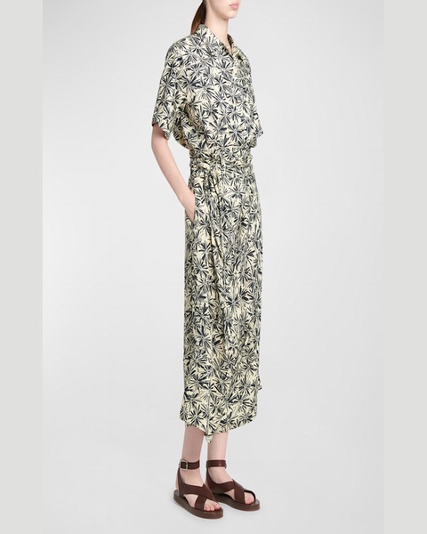 Yuki Flower-Print Wrap-Waist Wide-Leg Crop Linen Pants