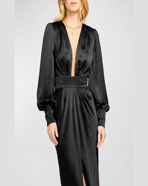 Madelane Blouson-Sleeve Deep V-Neck Gown