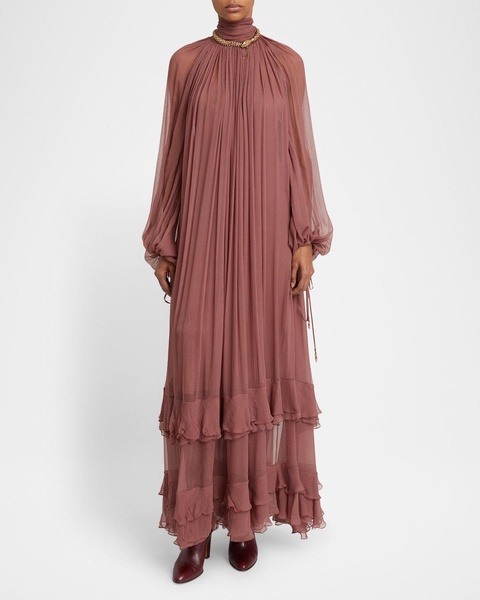 Maxi Ruffled Mock Neck Silk Mousseline Dress