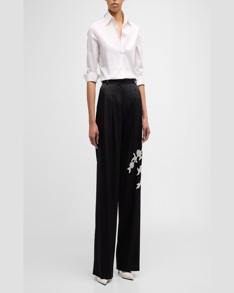 Flora Applique Pleated Wide-Leg Satin Crepe Pants