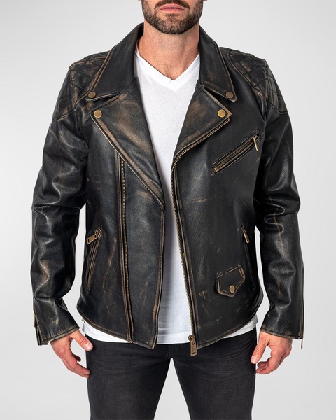 Men's Destroyed Leather Moto Jacket 