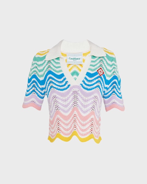 Wave Crochet Short-Sleeve Crop Polo Top