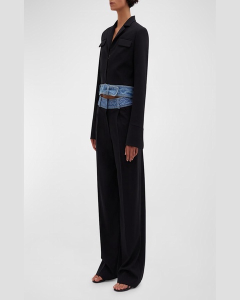 Deconstructed Denim-Waist Wide-Leg Wool Trousers