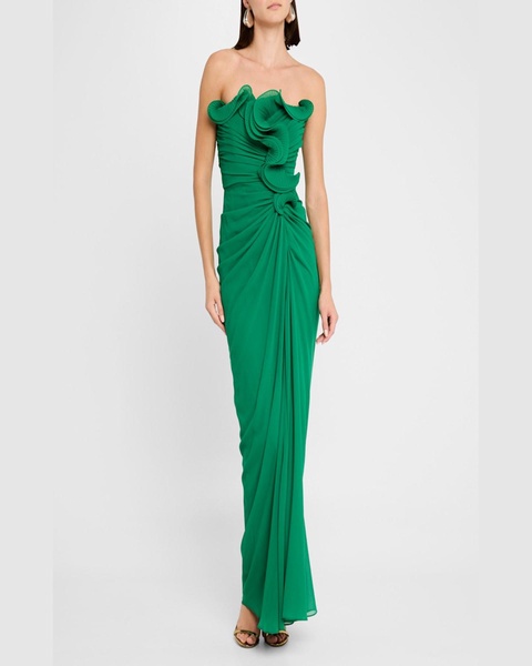 Strapless Pleated Ruffle Column Gown