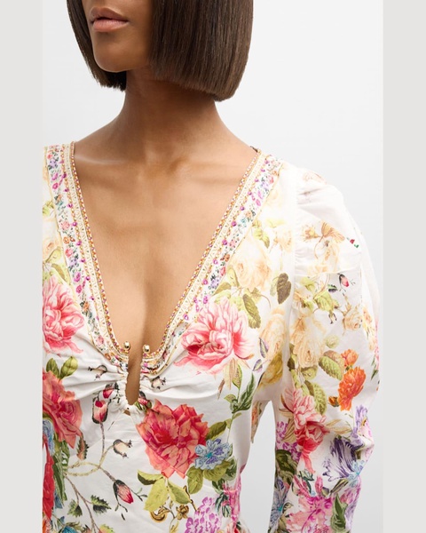 Puff-Sleeve Floral Cotton Top with Hardware