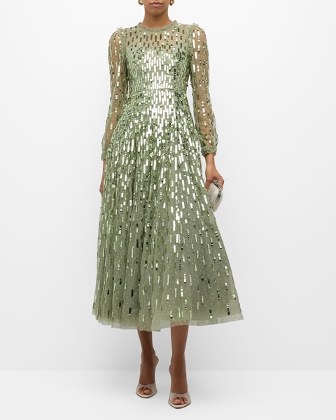 Long-Sleeve Sequined Dash Ankle Gown 