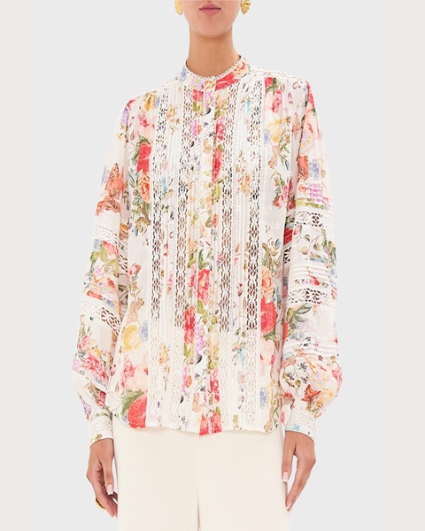  Lace-Trim Floral Cotton Blouson-Sleeve Blouse