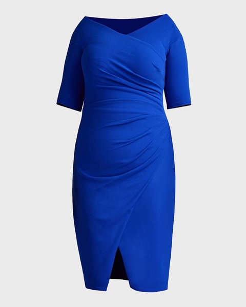 Plus Size Pleated Faux-Wrap Crepe Midi Dress